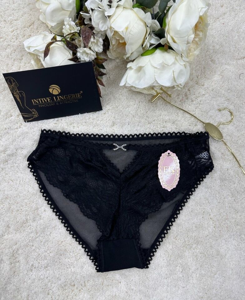 Fk Lingerie Taşlı Transparan Tül Önü Dantelli Önü Cut-Out Külot Siyah - L/XL