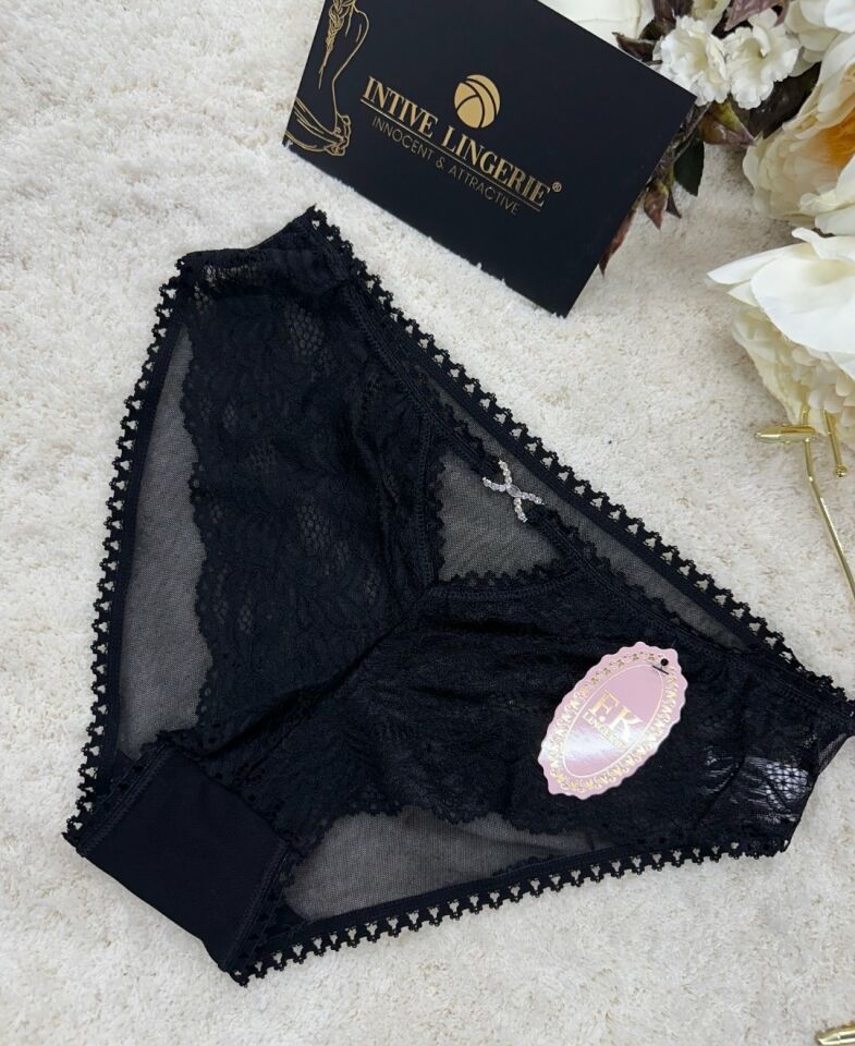 Fk Lingerie Taşlı Transparan Tül Önü Dantelli Önü Cut-Out Külot Siyah - L/XL