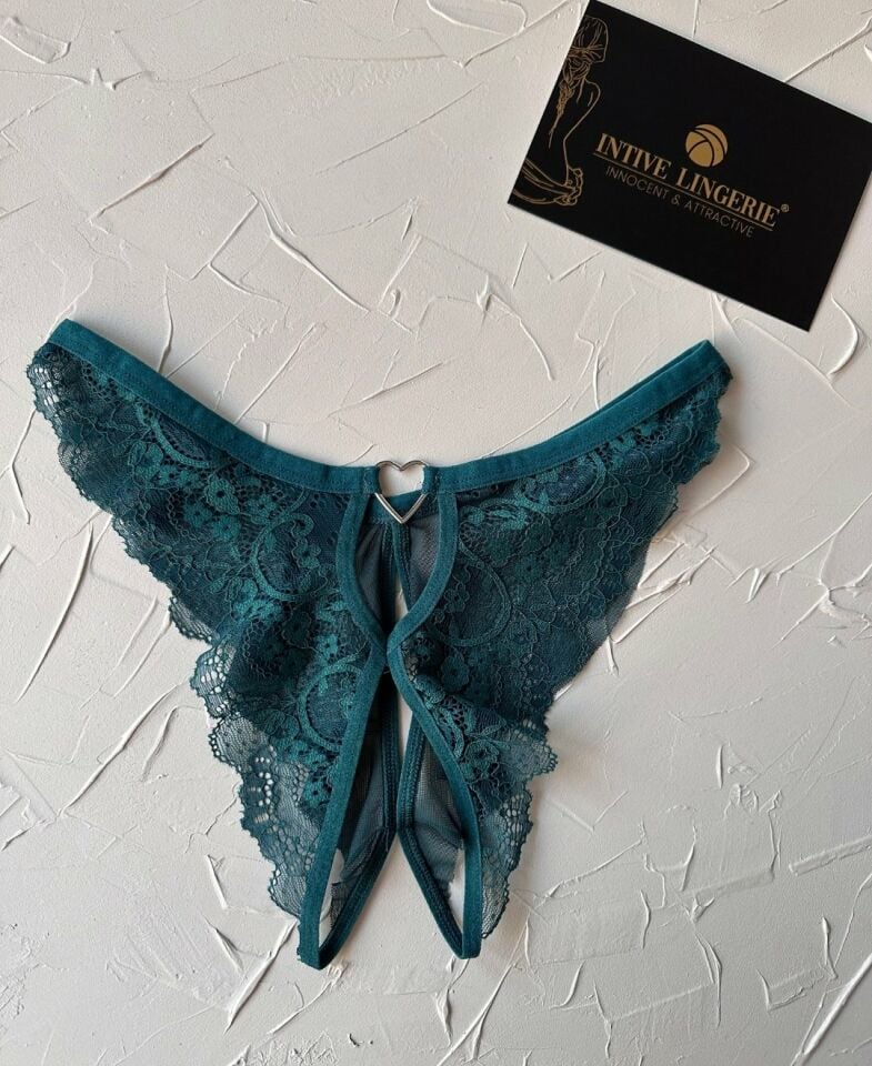 Lisa Dantelli Özel Bölgesi Açık Arkası Tül ve Açık Fantezi String (Limited) Zümrüt Yeşili - Tek Ebat