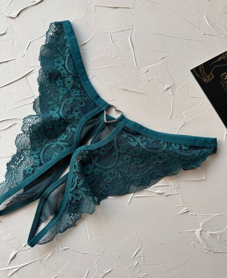 Lisa Dantelli Özel Bölgesi Açık Arkası Tül ve Açık Fantezi String (Limited) Zümrüt Yeşili - Tek Ebat