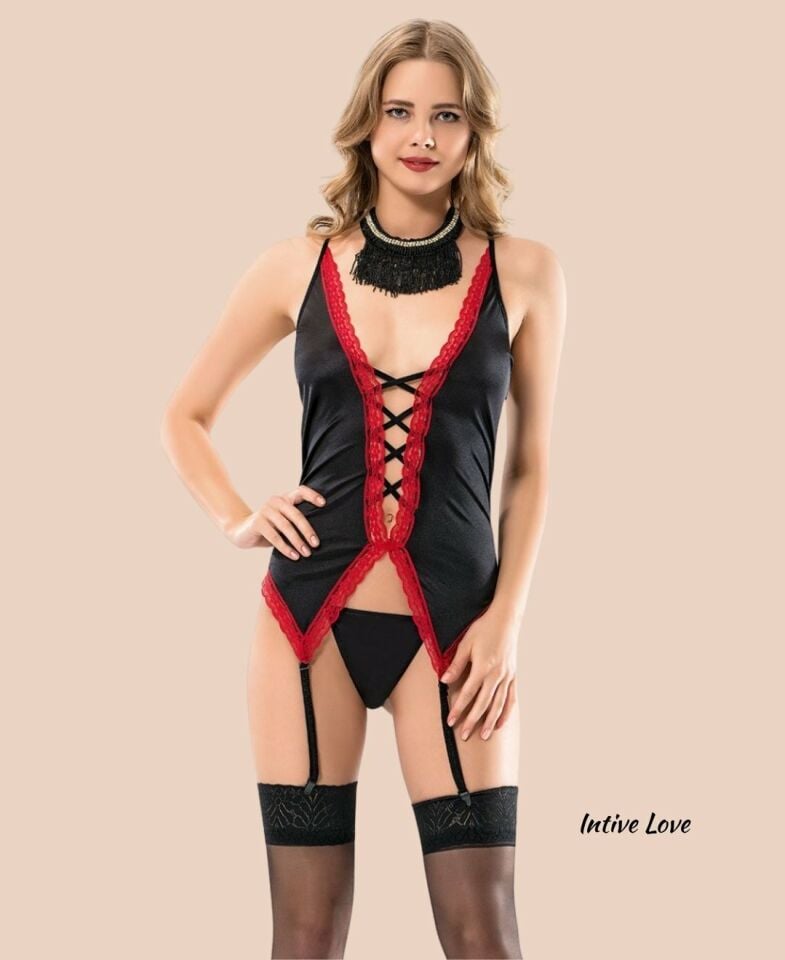 Intive Siyah Kırmızı Jartiyerli İnce Askılı Çekici Bodysuit Tanga Takım Siyah/Kırmızı - XL