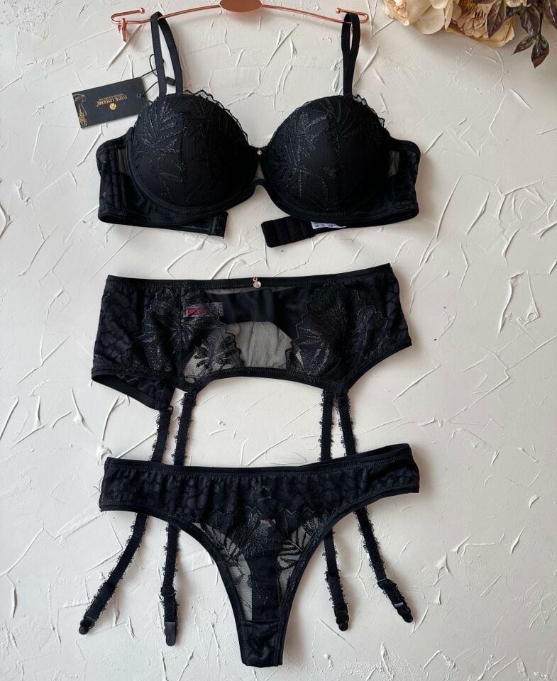 Le Jardin Isabelle Tül Brodeli Silikonlu Push-up Sütyen Jartiyer Takım-5000 Siyah - 85