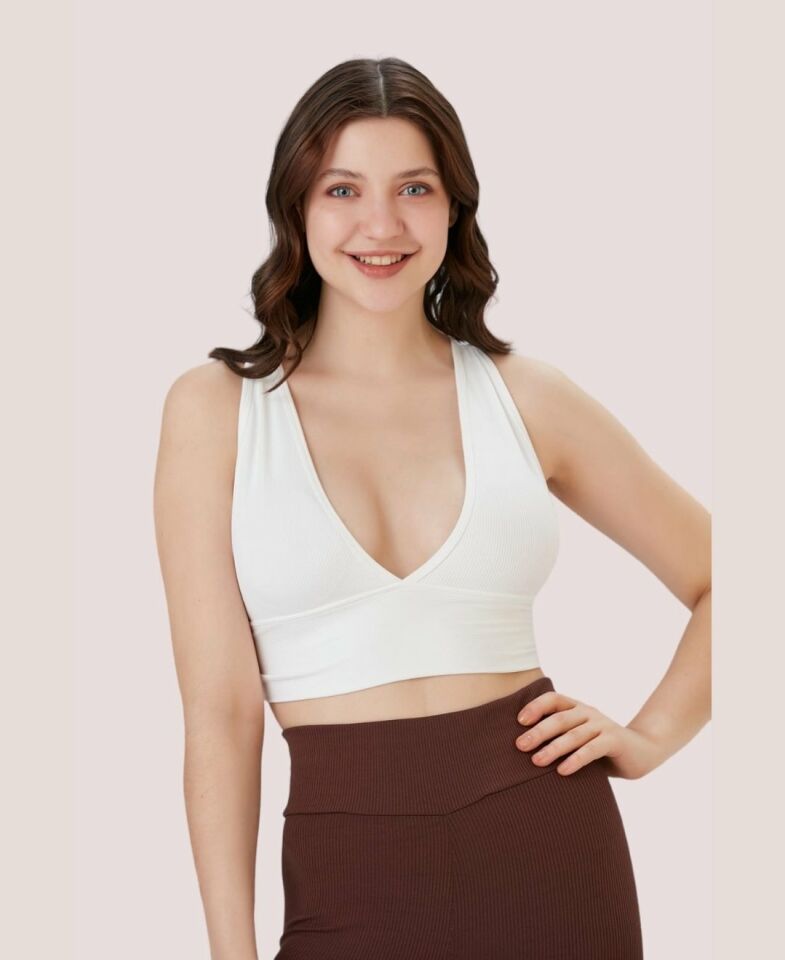 Aurafit Fitilli Arkası Çapraz Derin Dekolte Spor Sütyeni/Büstiyer-9036 Beyaz - S/M