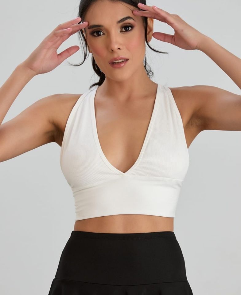 Aurafit Fitilli Arkası Çapraz Derin Dekolte Spor Sütyeni/Büstiyer-9036 Beyaz - S/M