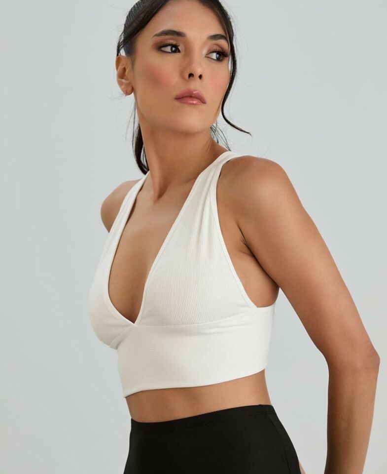 Aurafit Fitilli Arkası Çapraz Derin Dekolte Spor Sütyeni/Büstiyer-9036 Beyaz - S/M