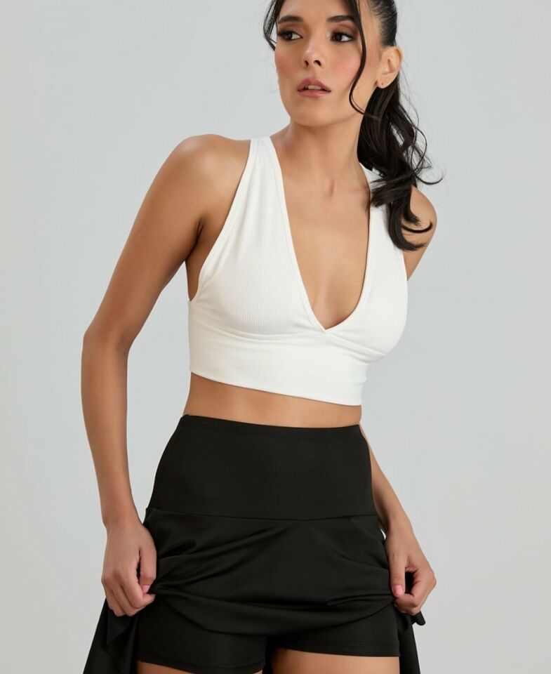 Aurafit Fitilli Arkası Çapraz Derin Dekolte Spor Sütyeni/Büstiyer-9036 Beyaz - S/M