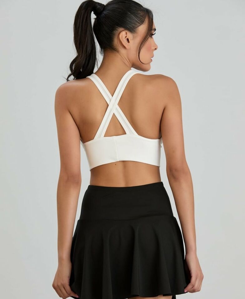Aurafit Fitilli Arkası Çapraz Derin Dekolte Spor Sütyeni/Büstiyer-9036 Beyaz - S/M