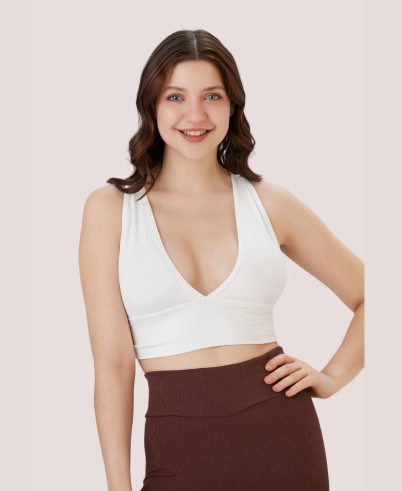 Aurafit Fitilli Arkası Çapraz Derin Dekolte Spor Sütyeni/Büstiyer-9036 Beyaz - M/L