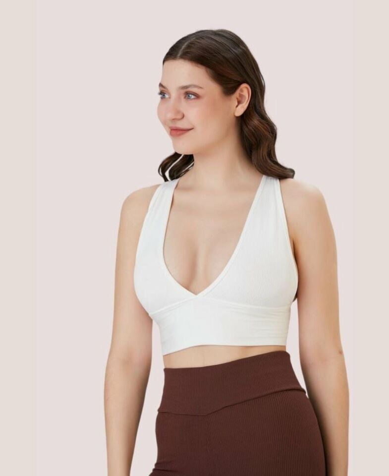 Aurafit Fitilli Arkası Çapraz Derin Dekolte Spor Sütyeni/Büstiyer-9036 Beyaz - M/L