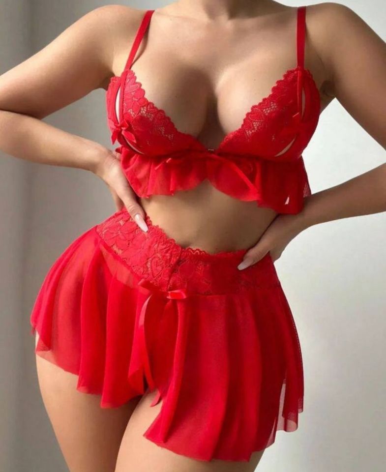 Kadın Kırmızı Göğüs Ucu Dekolteli Mini Volanlı Etek Detaylı Bralet Takım Kırmızı - L/XL