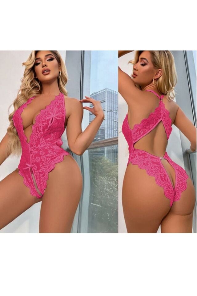 YNT Fuşya Özel Bölgesi Ve Sırtı Açık Babydoll Seksi Gecelik 15064 Fuşya - 2XL-3XL