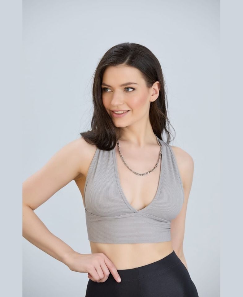Aurafit Fitilli Arkası Çapraz Derin Dekolte Spor Sütyeni/Büstiyer-9036 Gri - S/M