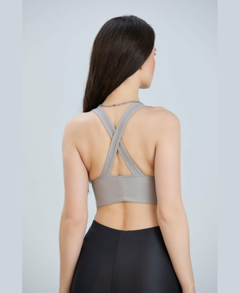 Aurafit Fitilli Arkası Çapraz Derin Dekolte Spor Sütyeni/Büstiyer-9036 Gri - S/M