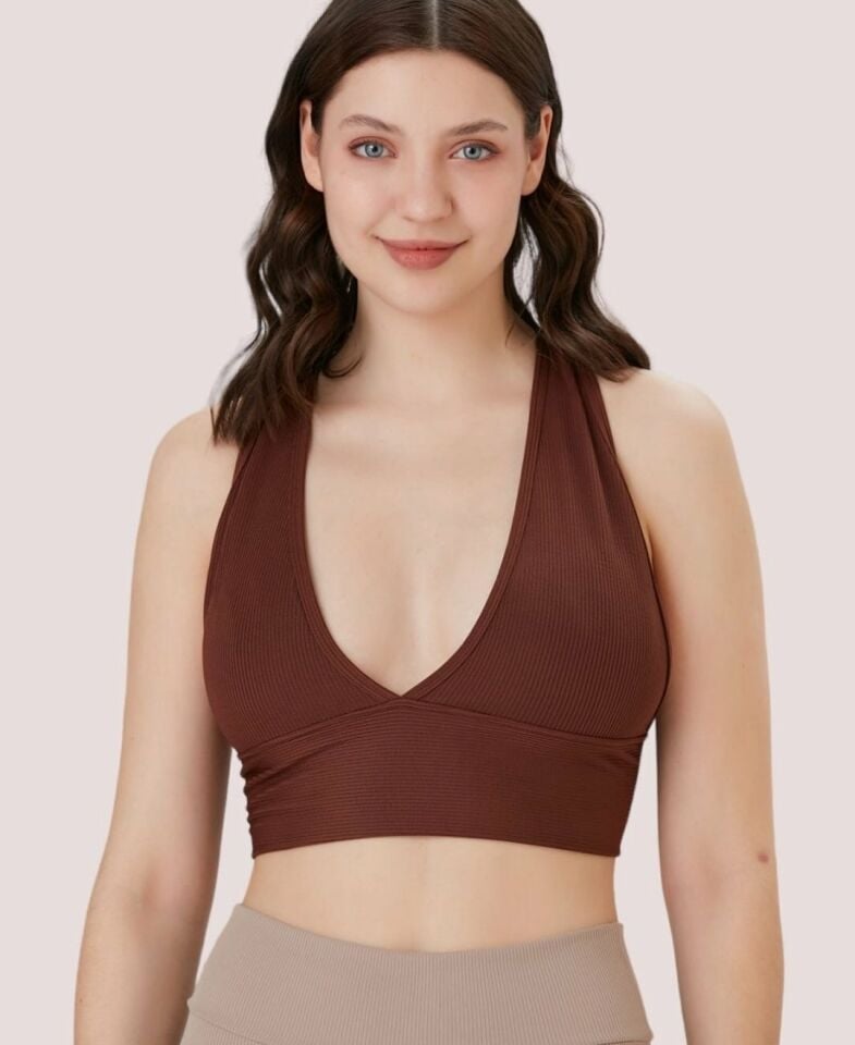 Aurafit Fitilli Arkası Çapraz Derin Dekolte Spor Sütyeni/Büstiyer-9036 Kahverengi - S/M