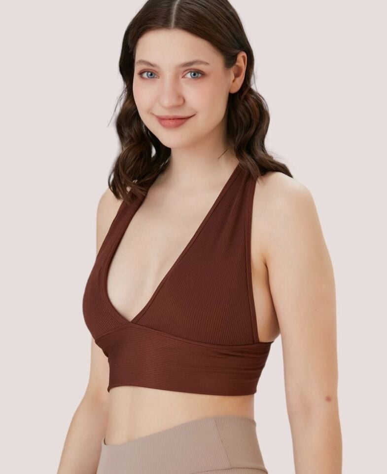 Aurafit Fitilli Arkası Çapraz Derin Dekolte Spor Sütyeni/Büstiyer-9036 Kahverengi - S/M