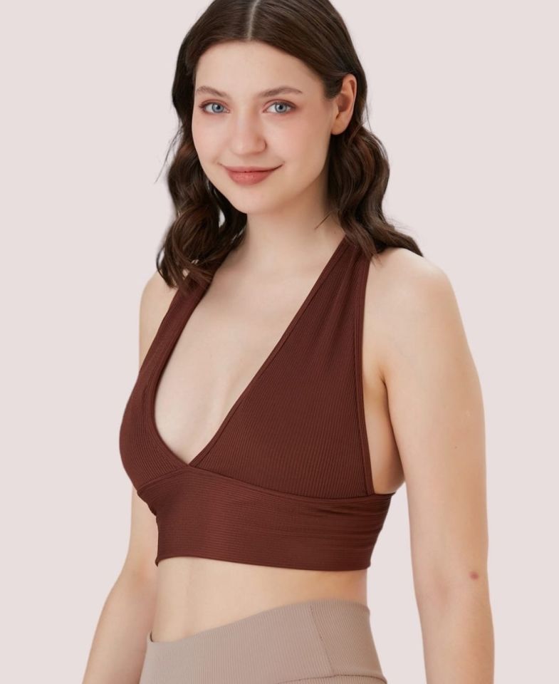 Aurafit Fitilli Arkası Çapraz Derin Dekolte Spor Sütyeni/Büstiyer-9036 Kahverengi - M/L
