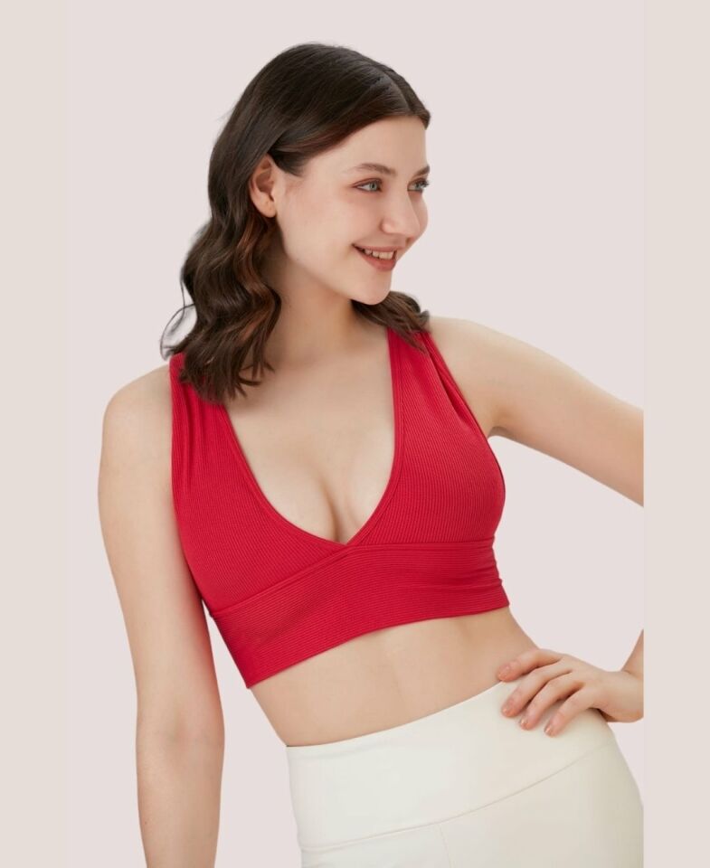 Aurafit Fitilli Arkası Çapraz Derin Dekolte Spor Sütyeni/Büstiyer-9036 Kırmızı - S/M