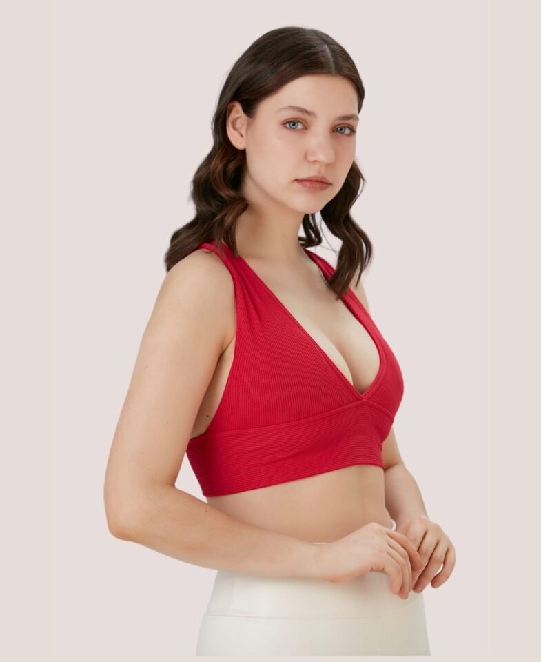 Aurafit Fitilli Arkası Çapraz Derin Dekolte Spor Sütyeni/Büstiyer-9036 Kırmızı - S/M