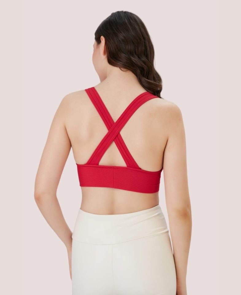 Aurafit Fitilli Arkası Çapraz Derin Dekolte Spor Sütyeni/Büstiyer-9036 Kırmızı - S/M