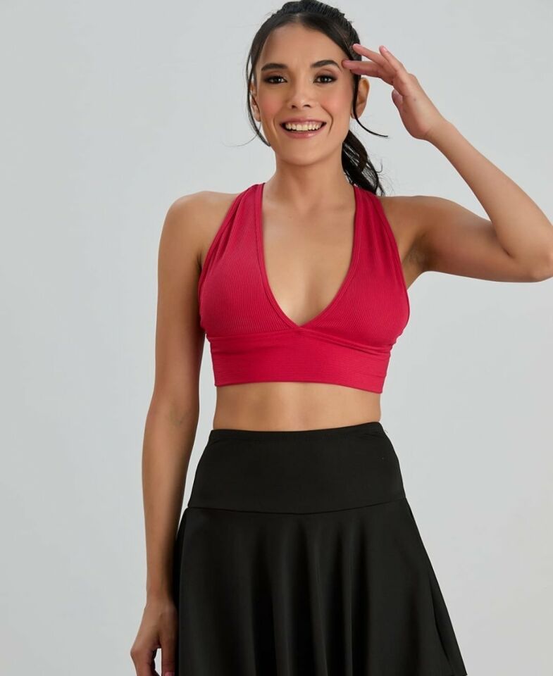 Aurafit Fitilli Arkası Çapraz Derin Dekolte Spor Sütyeni/Büstiyer-9036 Kırmızı - S/M