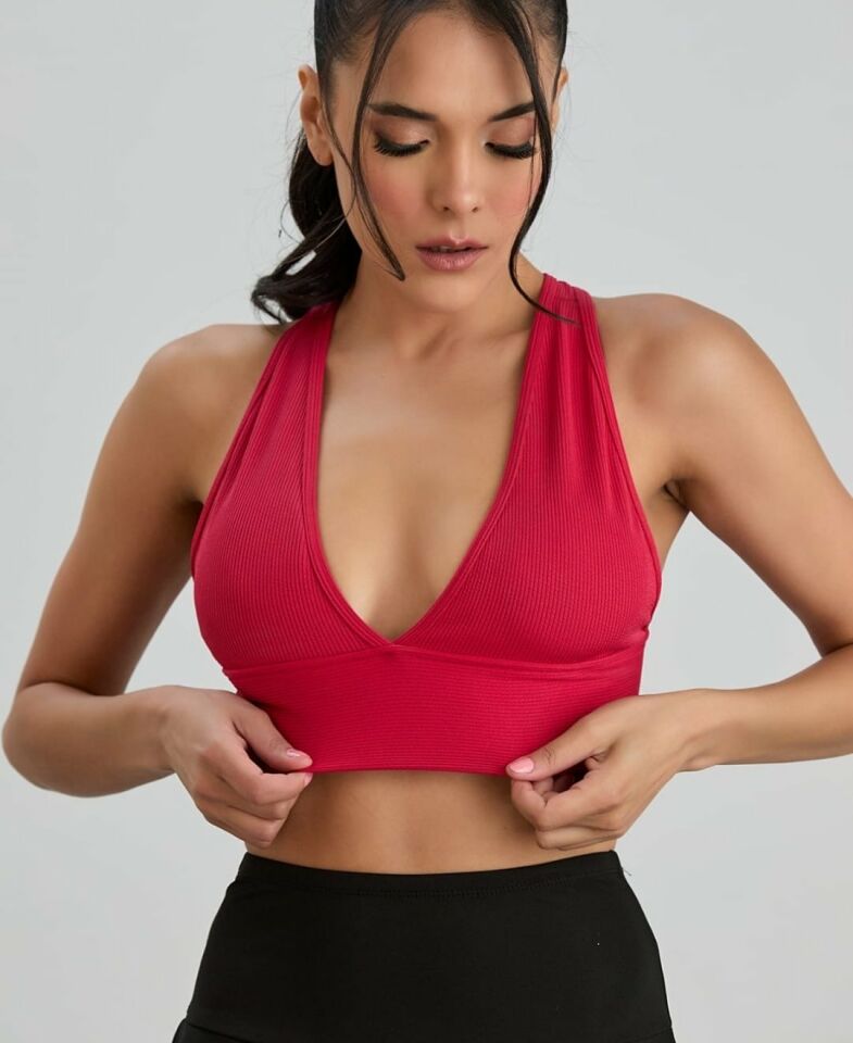 Aurafit Fitilli Arkası Çapraz Derin Dekolte Spor Sütyeni/Büstiyer-9036 Kırmızı - S/M