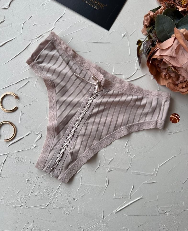 Lola Transparan Arkası Bağlama Detaylı Fantezi/Günlük Kullanım Külot/Tanga (Limited) Bej - S/M