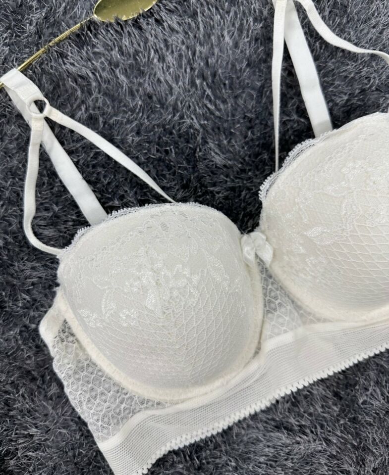 Yumuşak Dantelli Balenli Önü Şerit Detaylı Boş Cup Günlük Sütyen -22112 Beyaz - 80