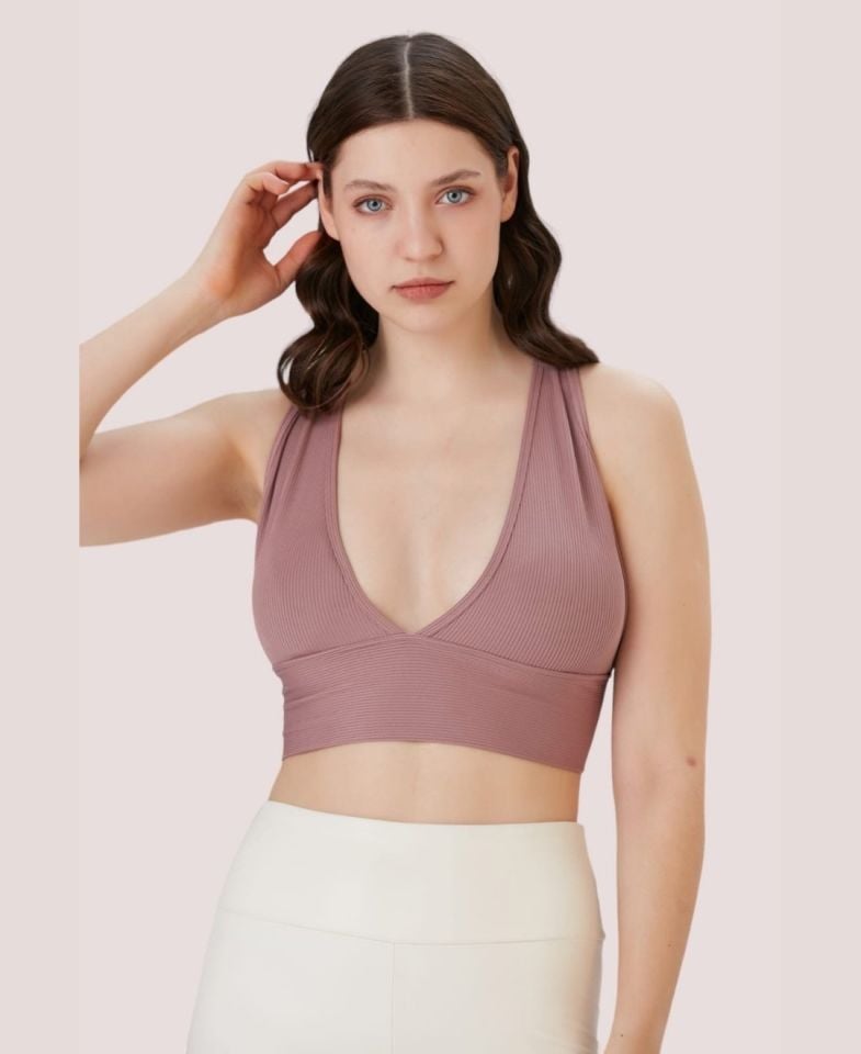 Aurafit Fitilli Arkası Çapraz Derin Dekolte Spor Sütyeni/Büstiyer-9036 Pudra  - M/L