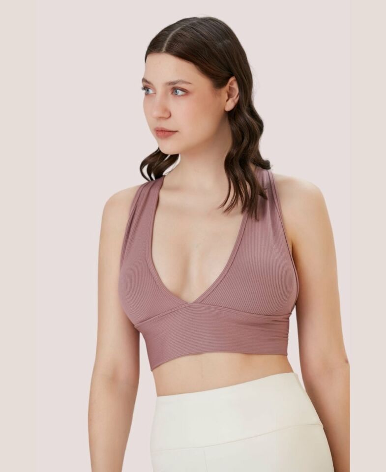 Aurafit Fitilli Arkası Çapraz Derin Dekolte Spor Sütyeni/Büstiyer-9036 Pudra  - M/L