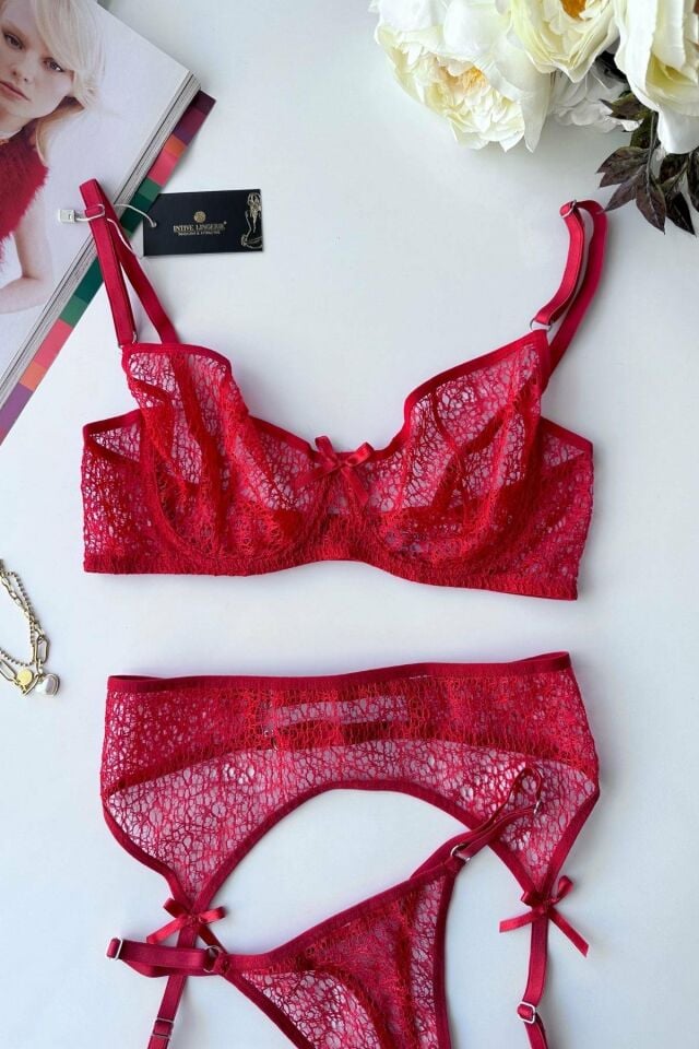 Larisa Transparan Balenli Ayarlanabilir Kırmızı Jartiyer Takım (Intive Limited) Kırmızı - 75B