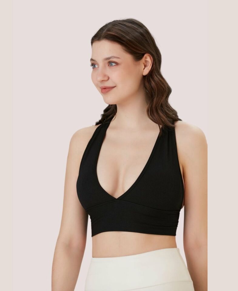 Aurafit Fitilli Arkası Çapraz Derin Dekolte Spor Sütyeni/Büstiyer-9036 Siyah - M/L