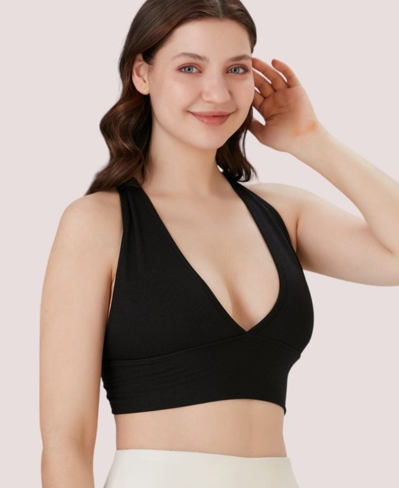 Aurafit Fitilli Arkası Çapraz Derin Dekolte Spor Sütyeni/Büstiyer-9036 Siyah - M/L