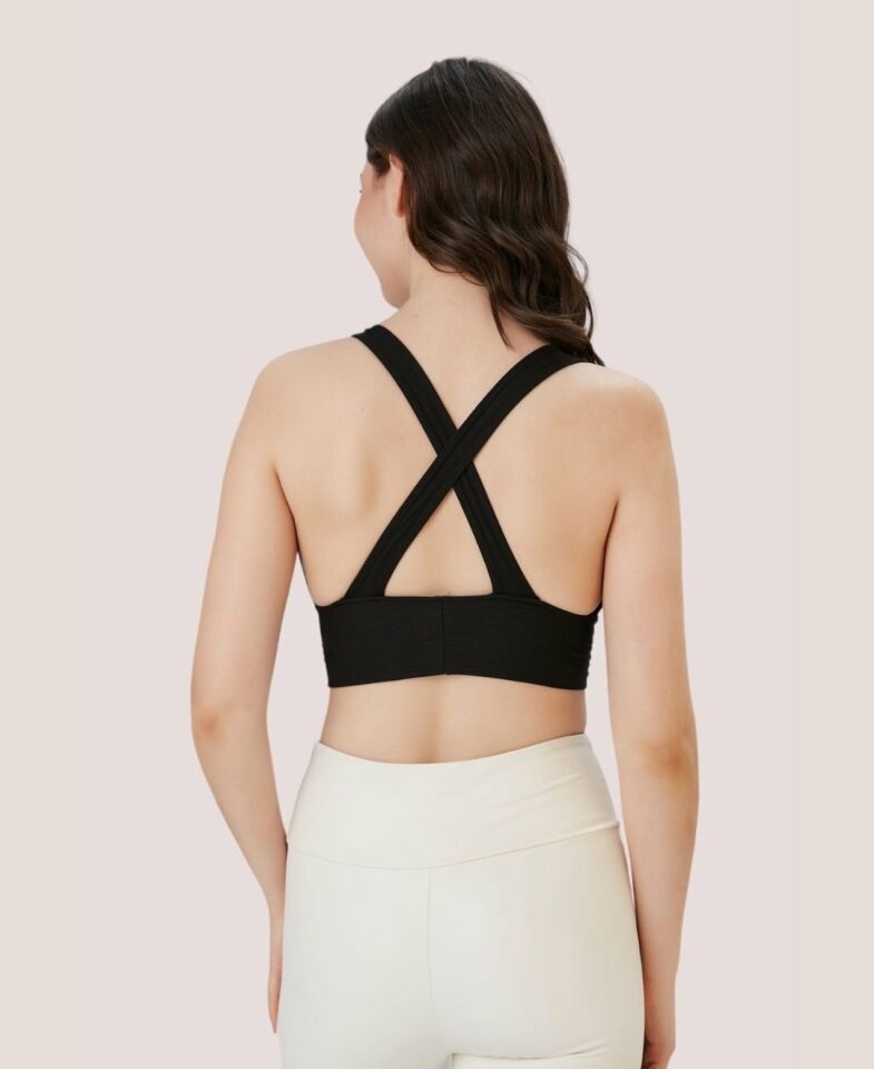 Aurafit Fitilli Arkası Çapraz Derin Dekolte Spor Sütyeni/Büstiyer-9036 Siyah - M/L