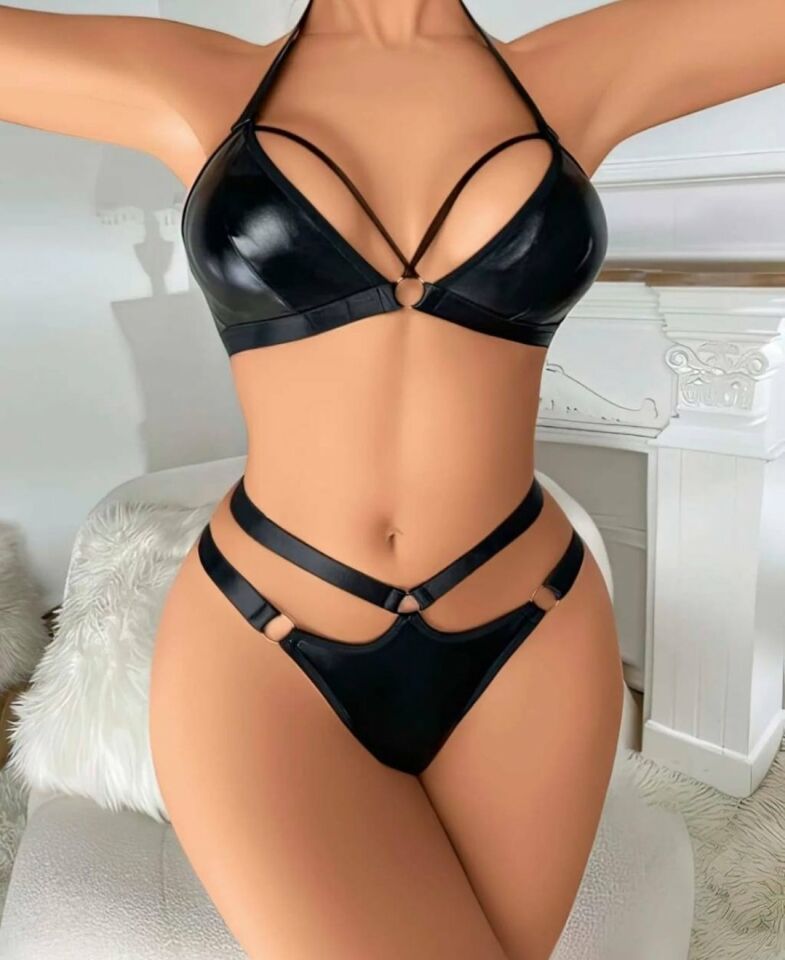 Kadın Lateks Parlak Deri Boyundan Askılı Beli Şeritli Sütyen Takım-00123 Siyah - L/XL