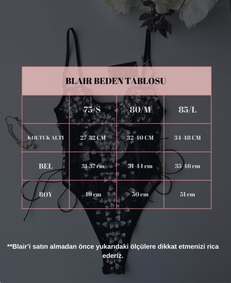 Blair Premium Siyah Beyaz Çiçekli Pullu Çıtçıtlı Balenli Büstiyer