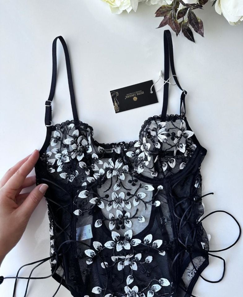 Blair Premium Siyah Beyaz Çiçekli Pullu Çıtçıtlı Balenli Büstiyer Siyah/Beyaz - L