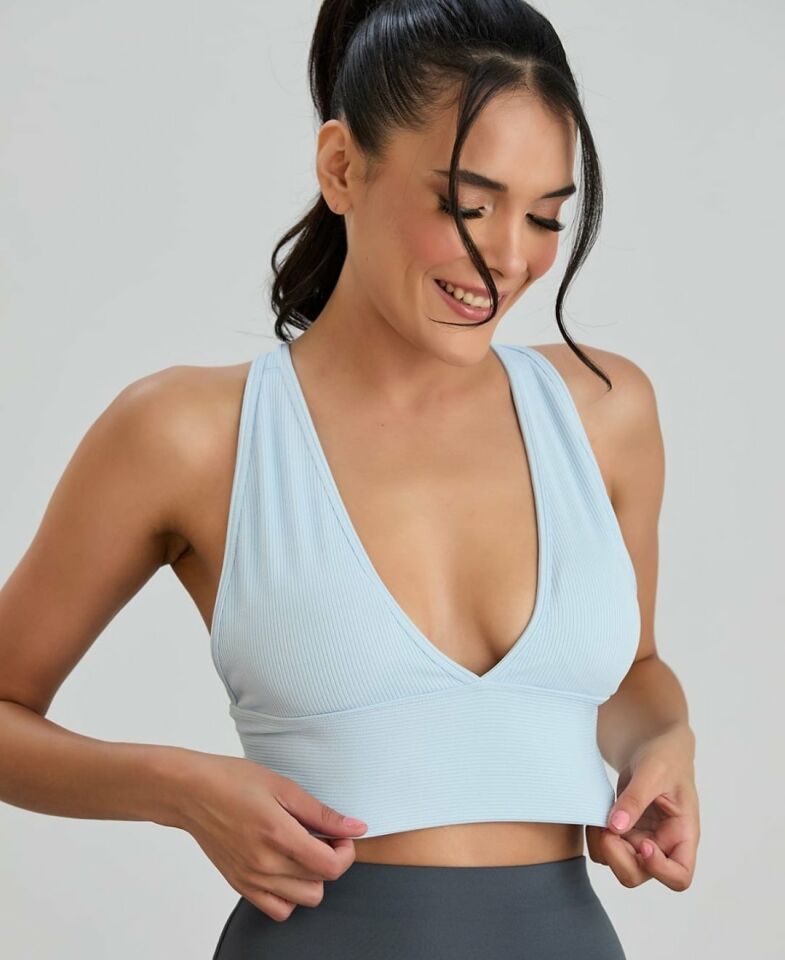 Aurafit Fitilli Arkası Çapraz Derin Dekolte Spor Sütyeni/Büstiyer-9036 Mavi - S/M