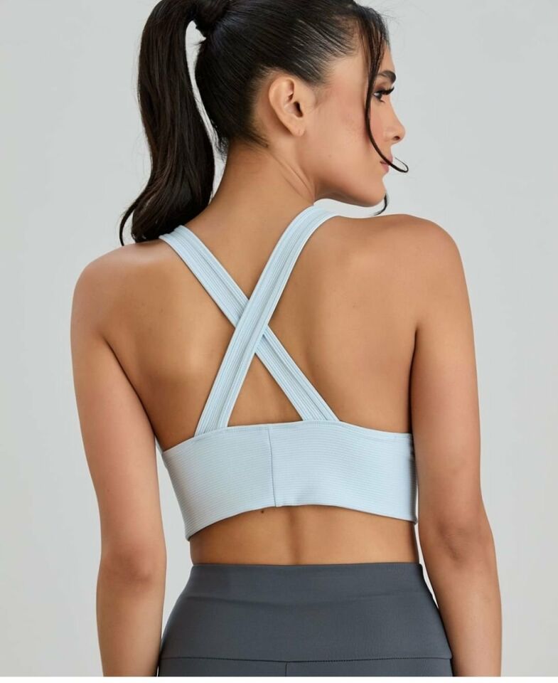 Aurafit Fitilli Arkası Çapraz Derin Dekolte Spor Sütyeni/Büstiyer-9036 Mavi - S/M
