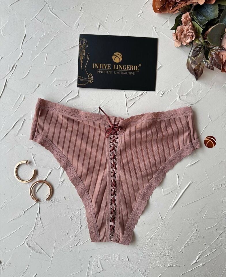 Lola Transparan Arkası Bağlama Detaylı Fantezi/Günlük Kullanım Külot/Tanga (Limited) Vizon - L/XL