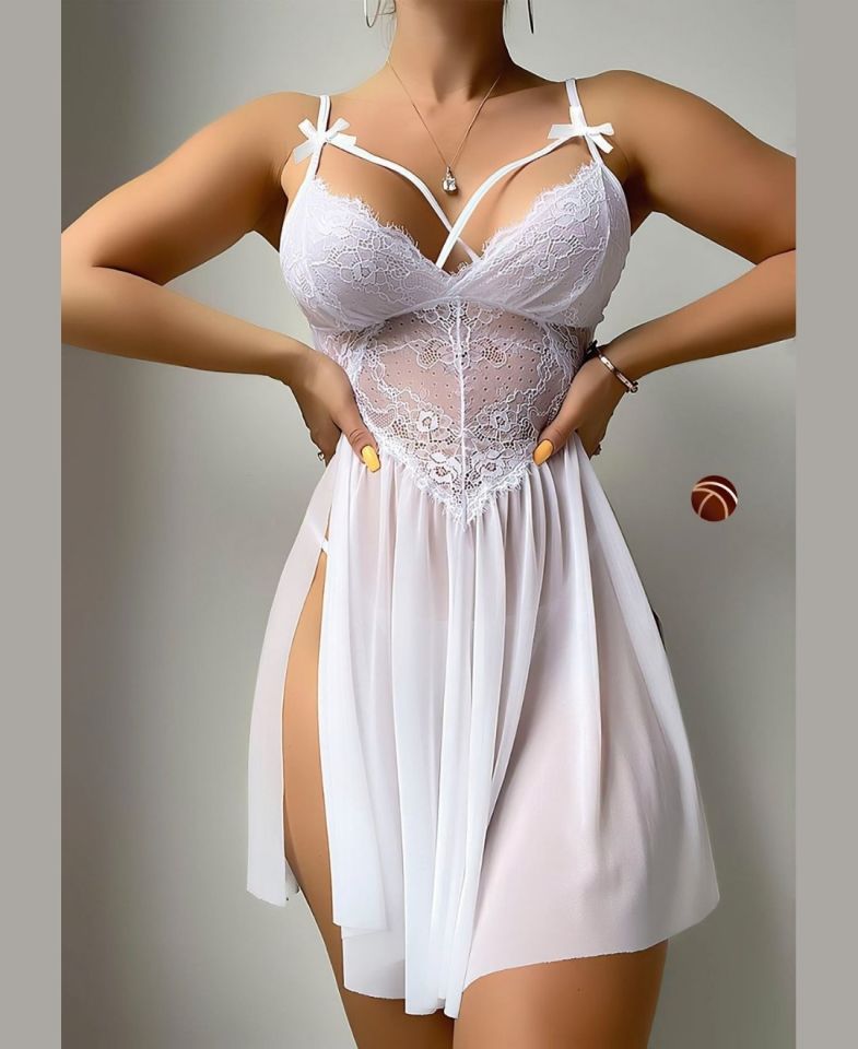 Intive Beyaz Dantelli Transparan Yan Yırtmaçlı Fantezi Gecelik/Babydoll Beyaz - S/M