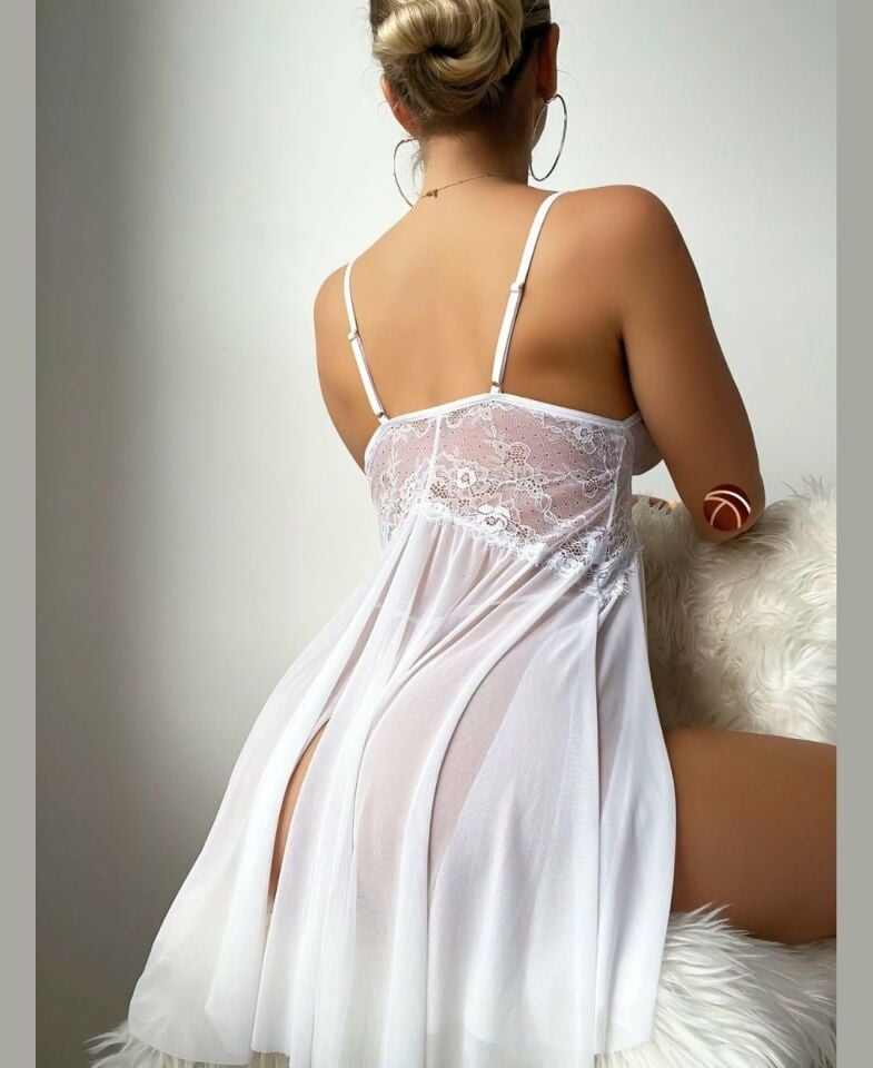 Intive Beyaz Dantelli Transparan Yan Yırtmaçlı Fantezi Gecelik/Babydoll Beyaz - S/M