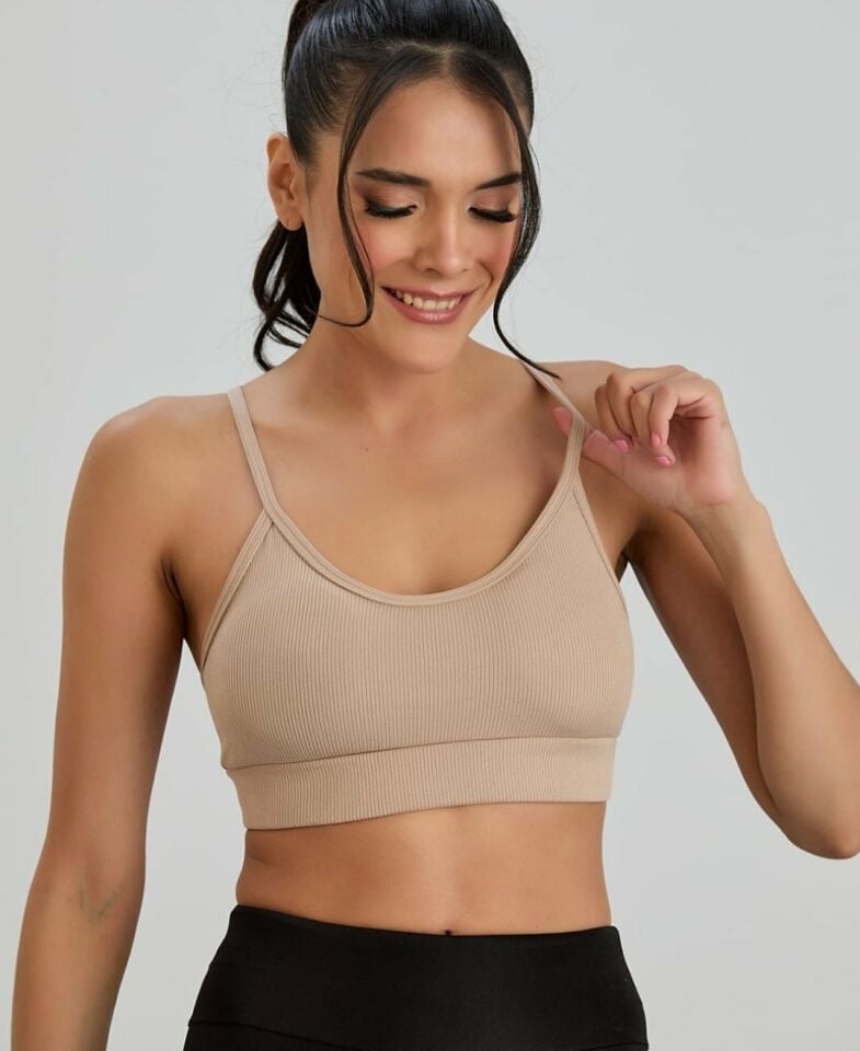 Aurafit Fitilli U Yaka İp Askılı Basic Büstiyer/Croptop - 9027 Bej - S/M