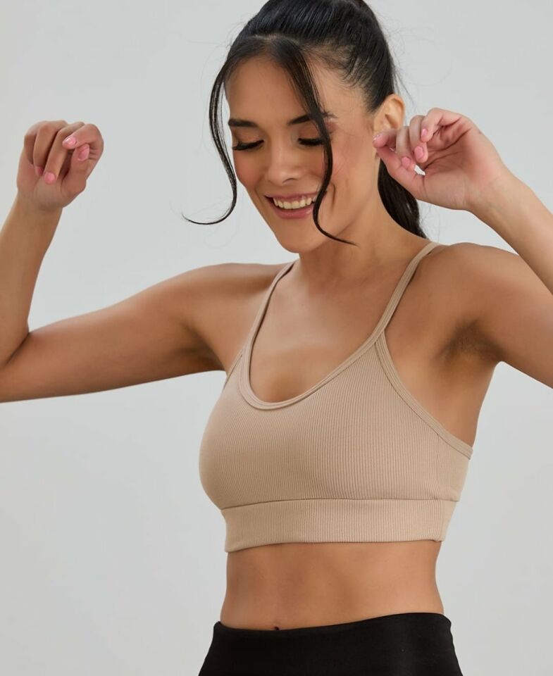 Aurafit Fitilli U Yaka İp Askılı Basic Büstiyer/Croptop - 9027 Bej - S/M