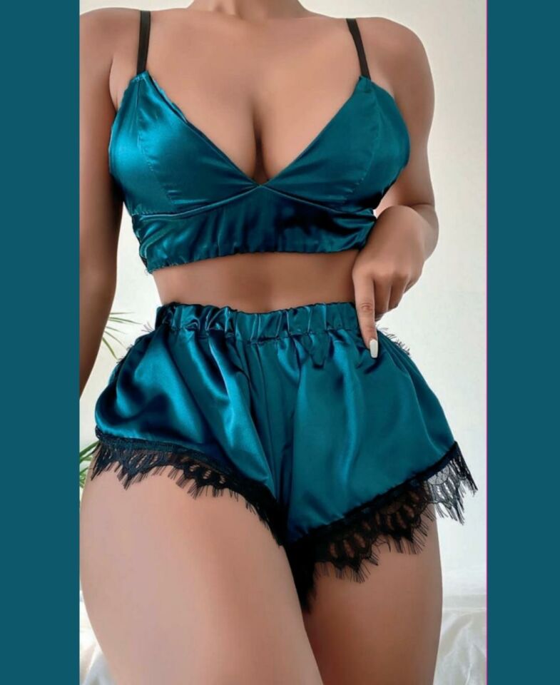 Kadın Dantel Detaylı Mavi Saten Bralet-Şort Takım- 3440 Mavi - M/L