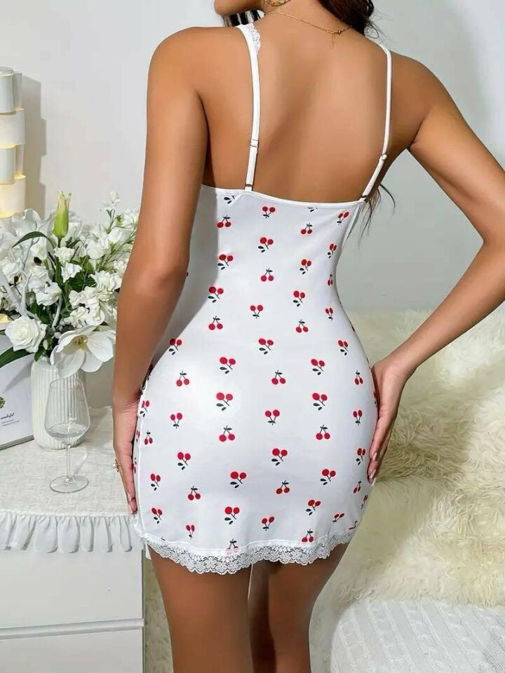 Lily Bianca %100 Pamuk Penye Kiraz Desenli V Yaka Asimetrik Kesim Mini Gecelik-13009 Beyaz - L/XL