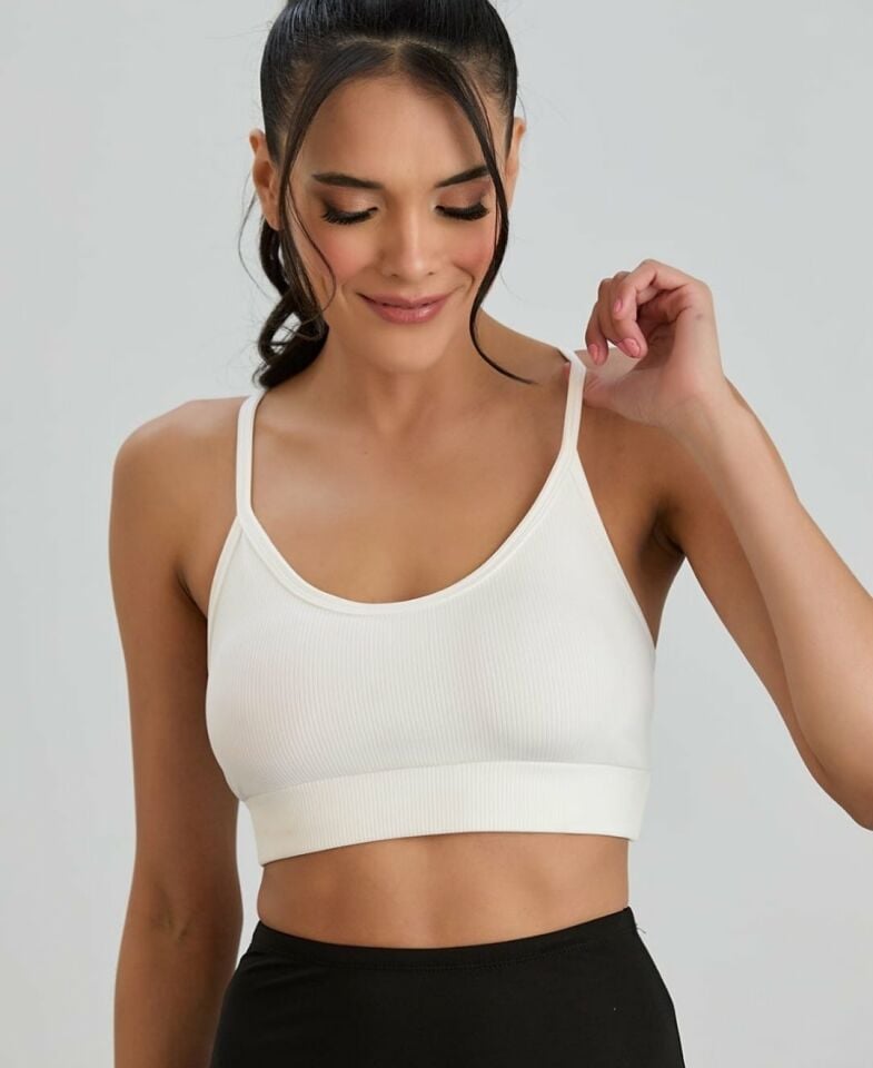 Aurafit Fitilli U Yaka İp Askılı Basic Büstiyer/Croptop - 9027 Beyaz - M/L