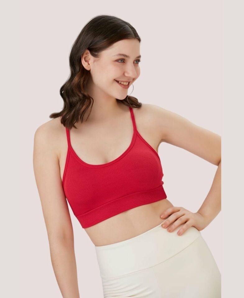 Aurafit Fitilli U Yaka İp Askılı Basic Büstiyer/Croptop - 9027 Kırmızı - S/M