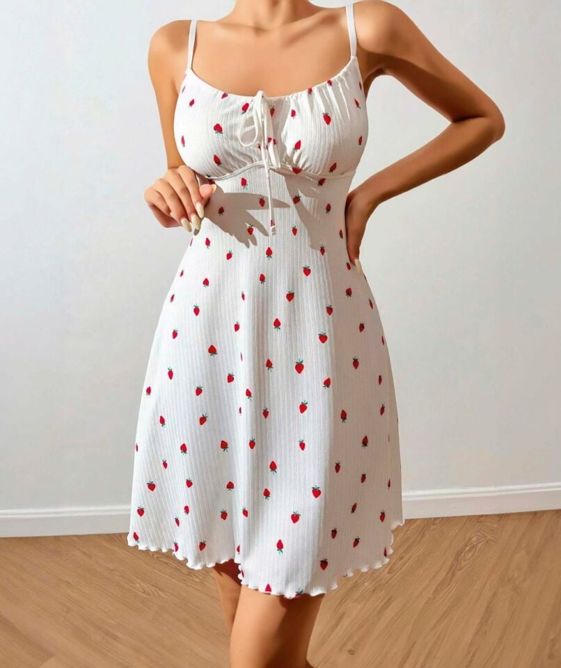Lily Bianca %100 Pamuk Penye Çilek Desenli U Yaka Yakası Bağlamalı Mini Gecelik-13007 Beyaz - L/XL
