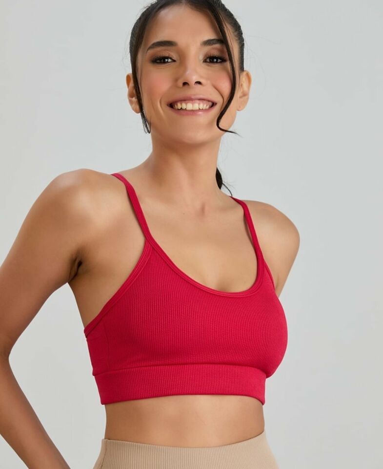 Aurafit Fitilli U Yaka İp Askılı Basic Büstiyer/Croptop - 9027 Kırmızı - M/L