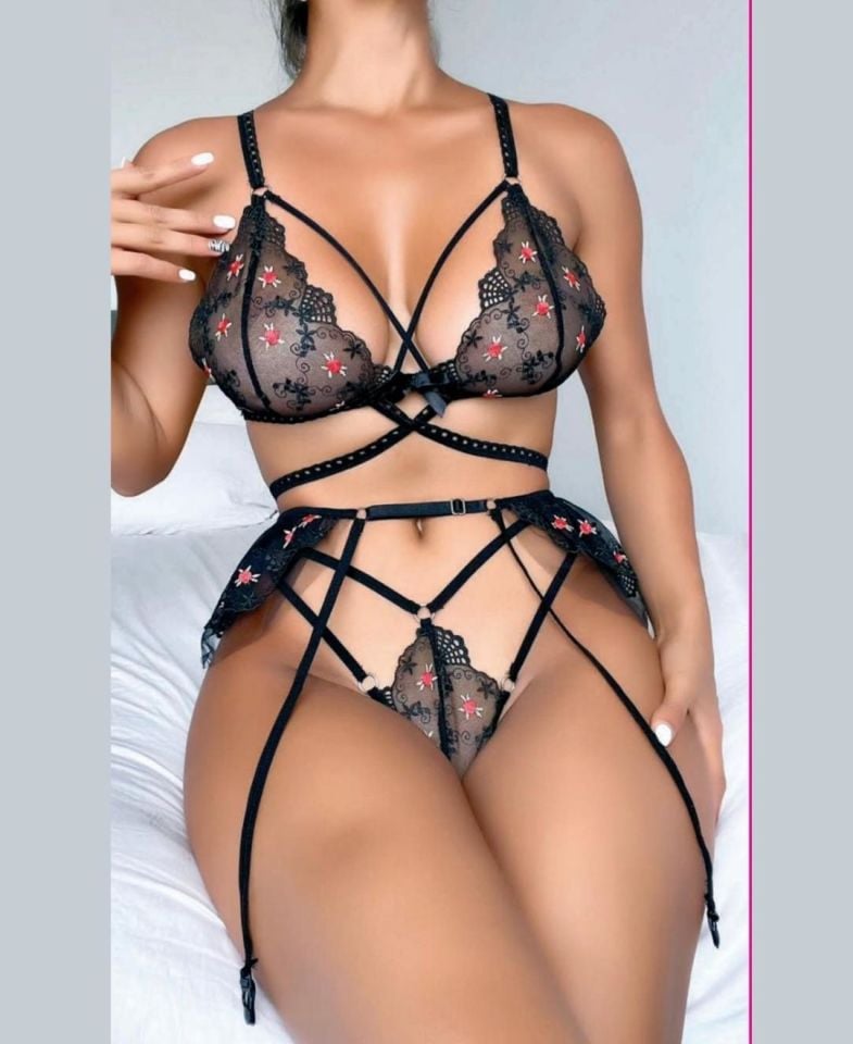 Kadın Siyah Kırmızı Çiçekli Tasarım Jartiyer Takım -1022 Siyah - L/XL